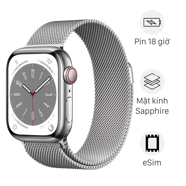 S8/45/LTE/DAYTHEP/VIENTHEP/SILVER - Apple Watch Series 8 45mm Viền Thép Dây Thép Chính Hãng