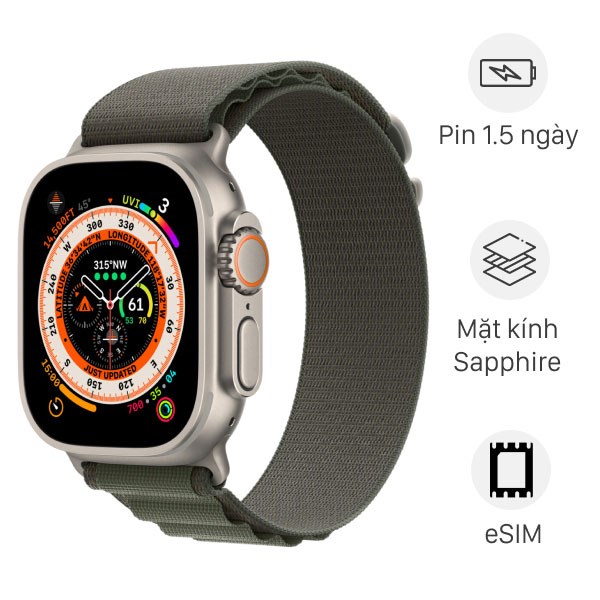 ULTRA/49/LTE/VIENTITANIUM/DAYALPINE/GREEN - Apple Watch Ultra 49mm LTE Viền Titanium Dây Alpine Chính Hãng